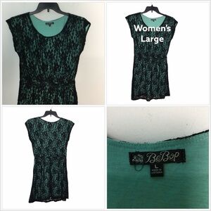 Women’s BeBop Large 12 14 Black Teal Dress Mini Crew Stretch Layered Cap Sleeve